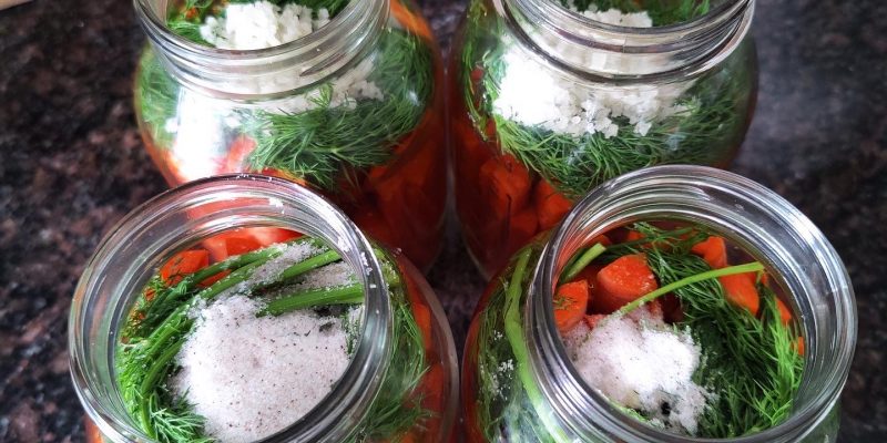 Fermented pickled carrots in mason jars