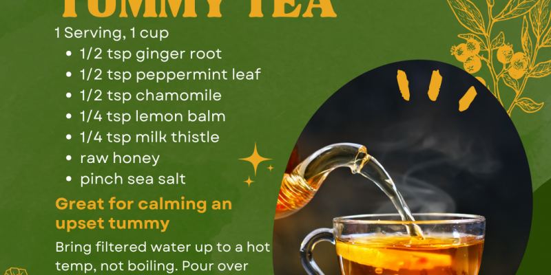 green background with a photo of a tea pot pouring out tea and the herbal tummy tea recipe written out